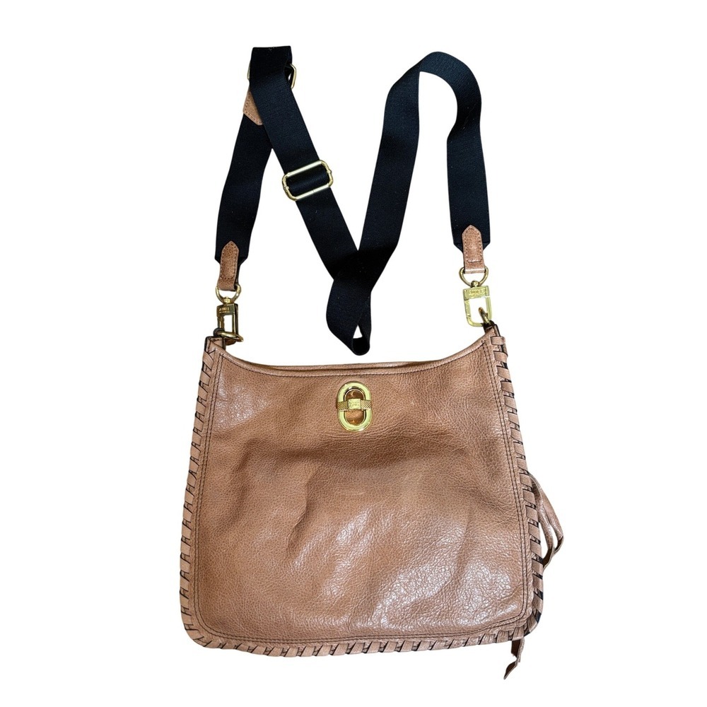 Aimee Kestenberg Tan Leather Whipstitch Crossbody Bag Gold Turn Lock Messenger